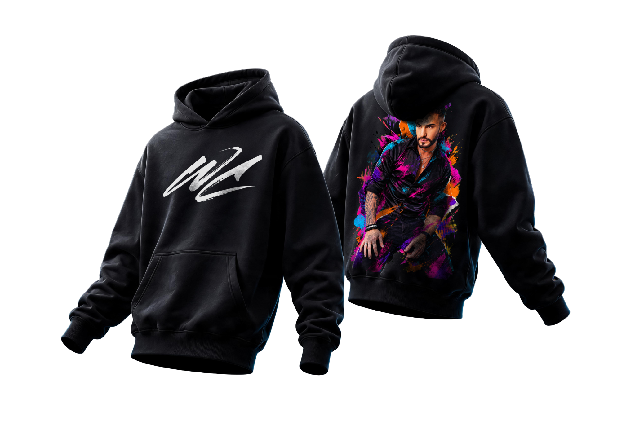 Black Wayne Cumming hoodie mock-up showing the WC logo on the front and colourful artwork on the back